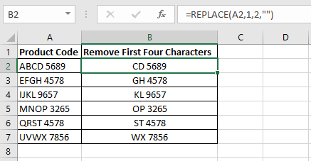 Excel formula in column B to remove the first two characters from the product codes in column A using the Excel REPLACE function