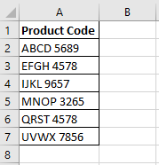 An Excel sheet showing product codes in column A