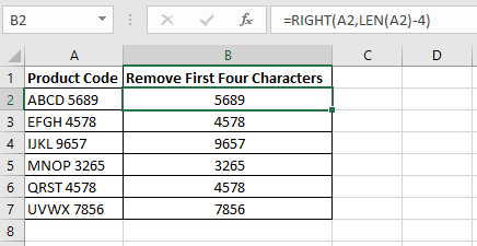 Excel formula using the RIGHT and LEN functions in column B to remove the first four characters from the product codes in column A