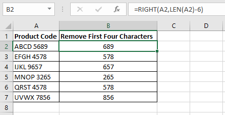 Excel formula in column B using the RIGHT and LEN functions to remove the nth character from the product codes in column A