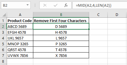 An Excel formula in column B to remove the first three characters from the product codes in column A using the Excel RIGHT and LEN functions