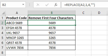 Excel formula in column B to remove the first four characters from the product codes in column A using the Excel REPLACE function