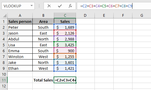 An Excel formula that shows how to sum a column in Excel using the plus sign