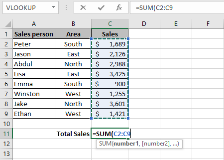 An Excel formula that shows how to sum a column in Excel using the Excel SUM function