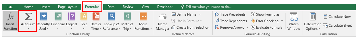 Excel ribbon where the Formulas tab and the AutoSum command button is highlighted