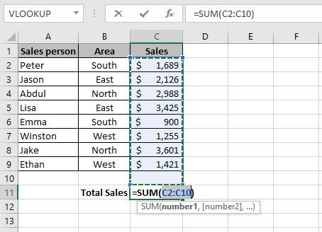 An Excel formula that shows how to sum a column in Excel using the Excel AutoSum keyboard shortcut