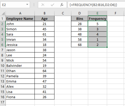 The Excel Frequency formula entered in the Formula bar which shows the frequency of the bins