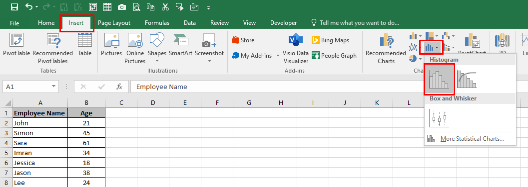 The Insert tab in the Excel ribbon, the Insert Static Chart and the histogram chart highlighted