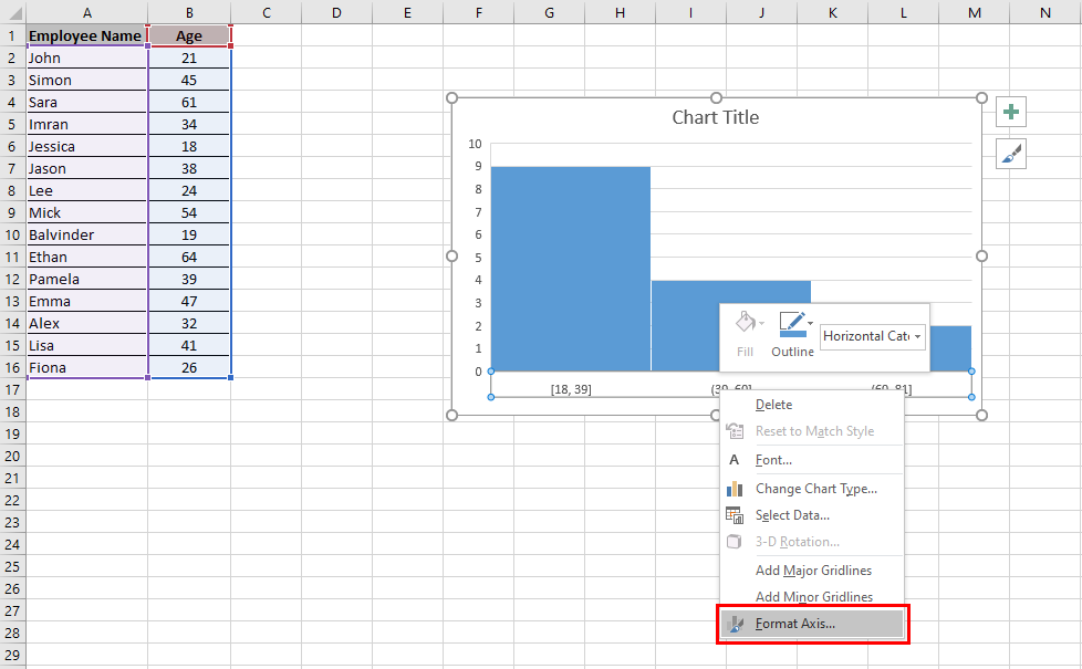 A chart selected and the Format Axis menu highlighted