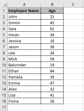 A dataset to be used to make a histogram in Excel which shows a list of employees with their ages