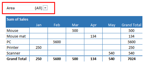 Pivot table with the filter area highlighted