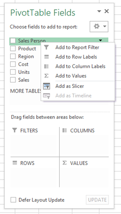 The PivotTable Fields pane is displayed and the Sales Person field item has been right clicked to display a shortcut menu 
