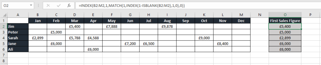 Excel table to show how to find the first non blank cell in a row