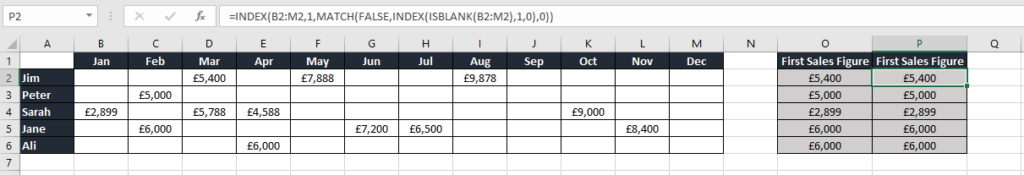 An array formula using FALSE as the first argument in the MATCH function to extract the first non blank cell in a row