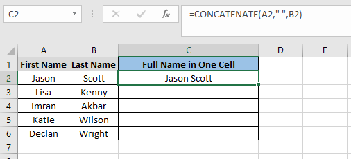 The Excel CONCATENTATE function is entered in cell C2 to combine two cells in Excel.