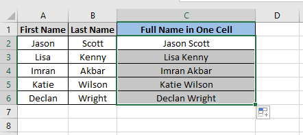 A formula to merge cells in Excel is copied down column C to combine text in columns A and B.