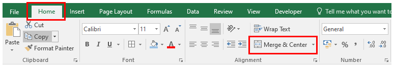 Excel ribbon showing the Home tab and the Merge & Center command button.
