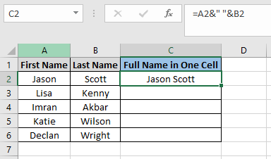 Using the ampersand symbol in cell C2 to combine two cells in Excel.