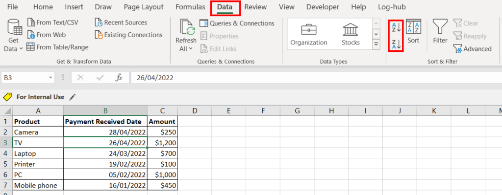 The Data tab in the Excel ribbon is highlighted in a red border. The sort oldest to newest and newest to oldest buttons are also highlighted in a red border to show how to sort by date in Excel.