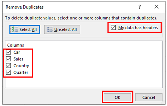 The remove Duplicates dialog box with the column headings, My data has headers checkbox and the OK button highlighted in red borders to show how to remove duplicate rows in Excel.