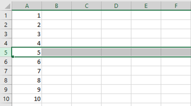 To show how to delete rows in excel, the entire row 5 is selected and the range A1:A10 contains numbers 1 to 10. 
