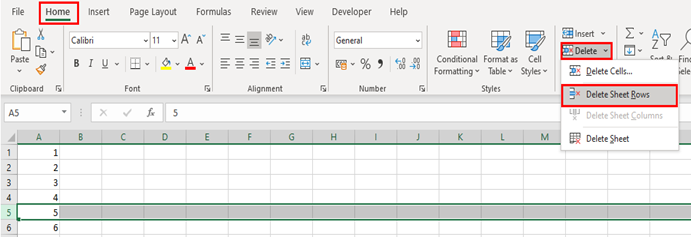 To show how to delete rows in Excel, row 5 is selected and the Home tab, the Delete button and the Delete Sheet Rows button is highlighted in a red border.