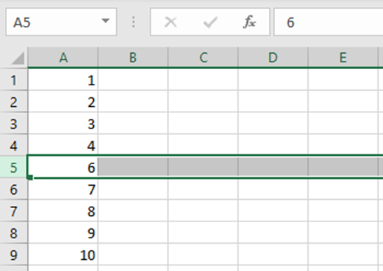 Row 5 has been deleted in Excel. Range A1:A9 contains numbers.
