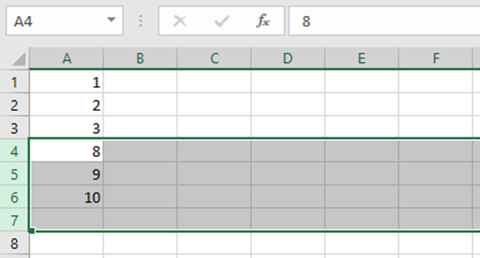 To show how to delete rows in Excel, rows 4 to 7 were selected and then deleted in Excel using the ribbon. Range A1:A6 contains numbers.
