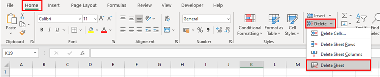 The Home tab, Delete and Delete Sheet buttons are highlighted in a red border to show how to delete a sheet in Excel using the Excel ribbon.