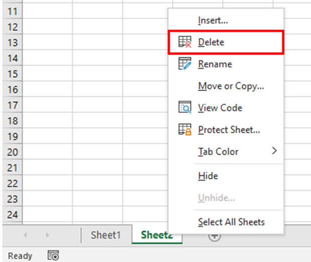 The Delete button when the user right-clicks the sheet is highlighted in a red border to show how to delete a sheet in Excel using the mouse.