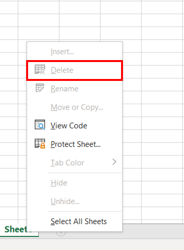 The Delete option in the shortcut menu is greyed out when the user right-clicks the sheet tab.