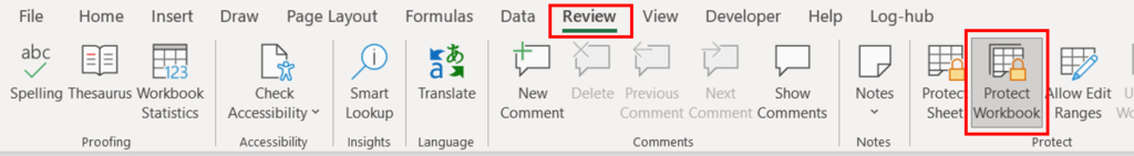 In the Excel ribbon, the Review tab and the Protect Workbook buttons are highlighted in a red border.