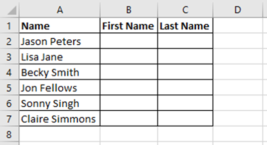 Excel table which contains first and last names in column A. Column B has a first name header and column C has a last name header.