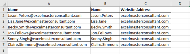 An Excel table table where text has been split in Excel. Email addresses are in column A, names are in column B and the domain names are in column C.