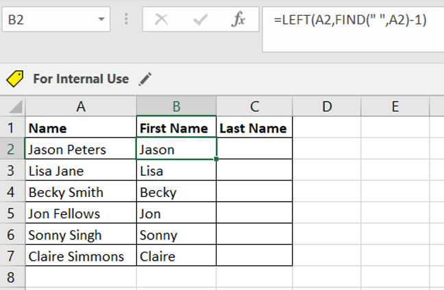 The LEFT and FIND functions are used to separate text in Excel by extracting the first names in column A and entering it in column B. 