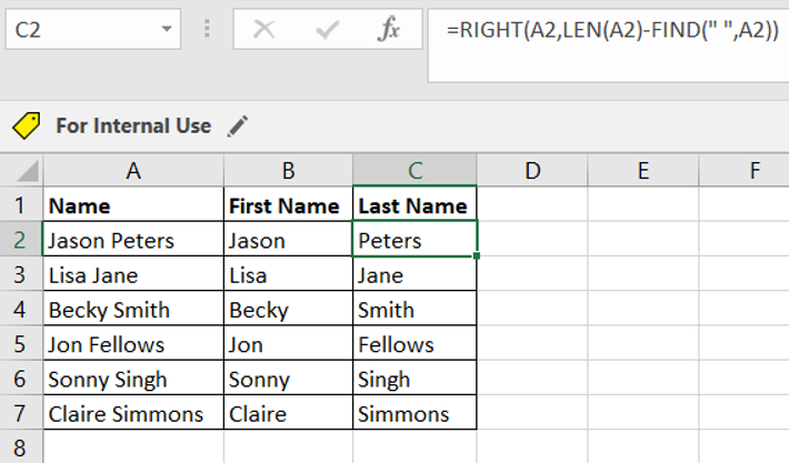 The RIGHT, LEN and FIND functions are used to split text in Excel by extracting the last names in column A and entering it in column C. 