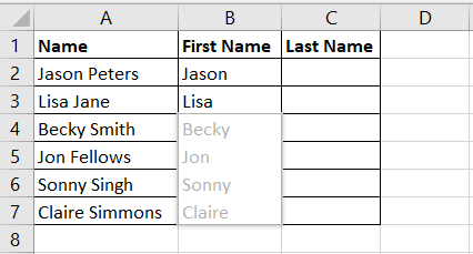 The Flash Fill tool is used to split text in Excel by entering the first names only in cells B2 and B3. Excel recognises a pattern and the remaining cells in column B shows a preview in light grey.