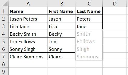 The Flash Fill tool is used to separate text in Excel by entering the last names only in cells C2 and C3. Excel recognises a pattern and the remaining cells in column C shows a preview in light grey.