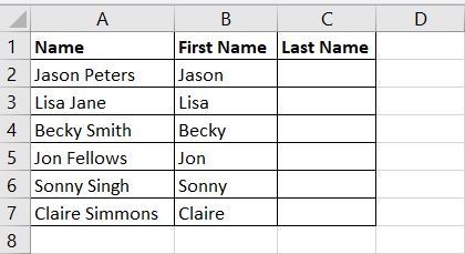 Flash Fill has filled column B with the first name. The first and last names are in column A.