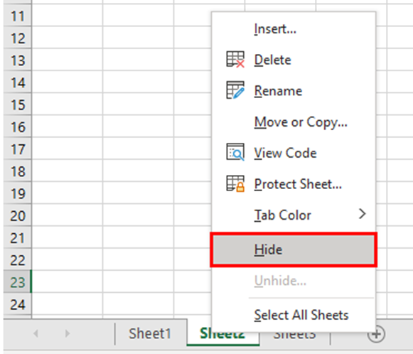 In Excel, the Sheet2 tab has been right-clicked and the Hide button has a red border around it to show how to hide sheets in Excel.