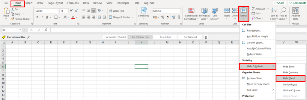 In the Excel ribbon, the Home tab and the Format button have red borders around them. From the menus, the Hide & Unhide and Hide Sheet options have red borders around them to show how to hide sheets in Excel.