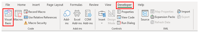In the Excel ribbon, the Developer tab and the Visual Basic button have red borders around them to show how to access the Visual Basic Editor.