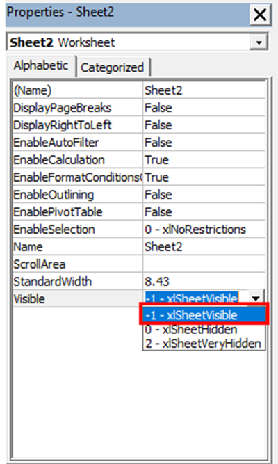 The Properties Window is showing and -1 – xlSheetVisible is selected in the Visible field.
