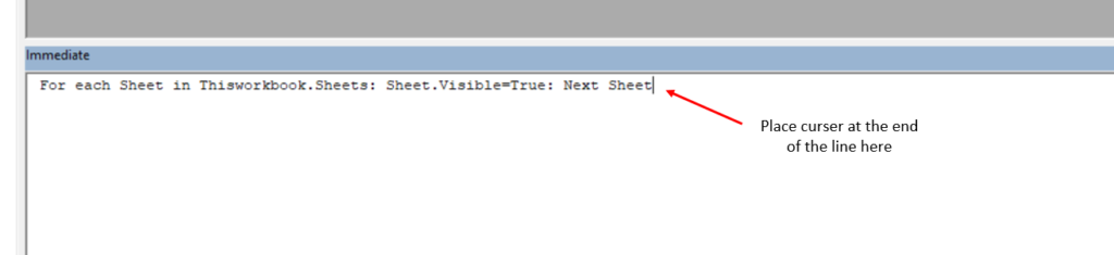 The curser has been placed next to a line of VBA code which will unhide all sheets in Excel.