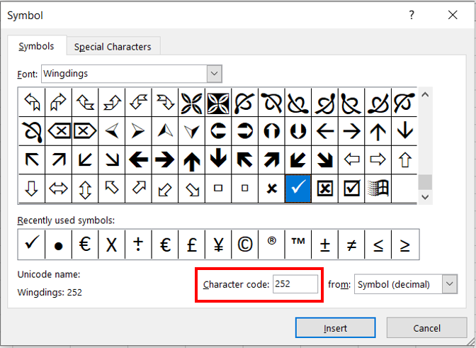 The symbol dialog box when the Wingdings font is selected. A tick mark has been selected and the character code for the tick mark is highlighted.