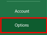 The Options button in Excel is highlighted.