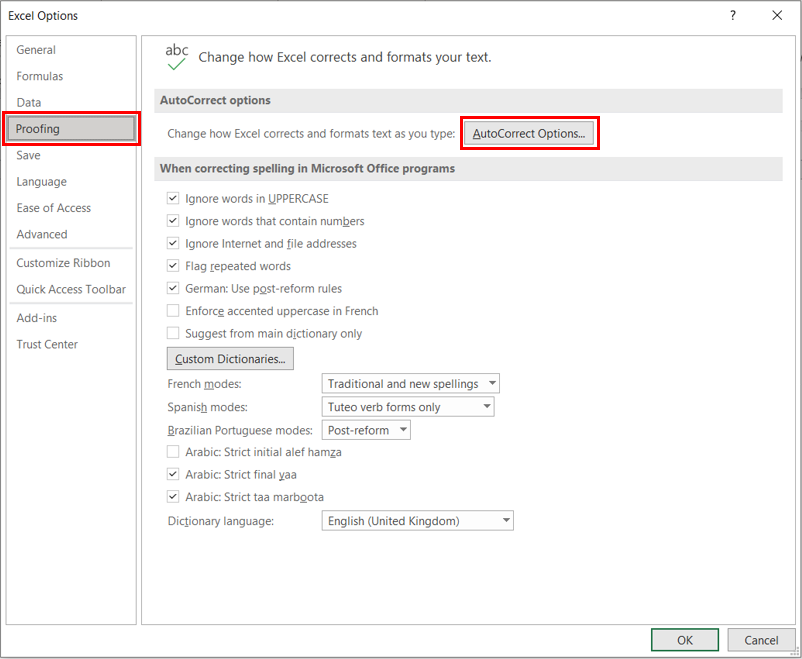 The Excel Options dialog box is showing and the Proofing and AutoCorrect Options buttons have been highlighted.