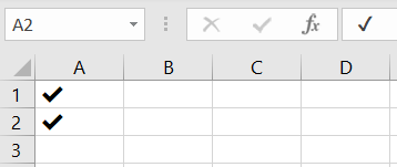 A tick symbol in Excel has been inserted in cells A1 and A2.