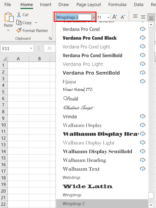 The Wingdings 2 font has been selected  in the Home tab of the Excel ribbon.