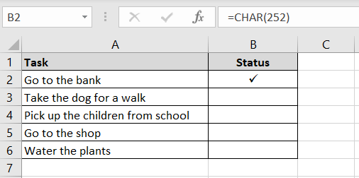 A table which shows a tick symbol in Excel in cell B2 using the CHAR function. 
